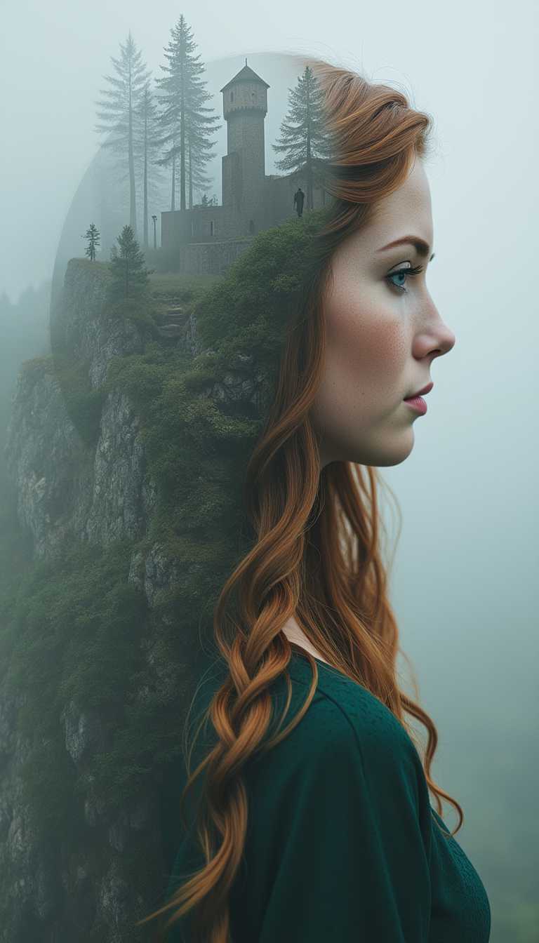 Enigmatic Forest and Tower Merge with Ladys Silhouette in Mysterious Landscape