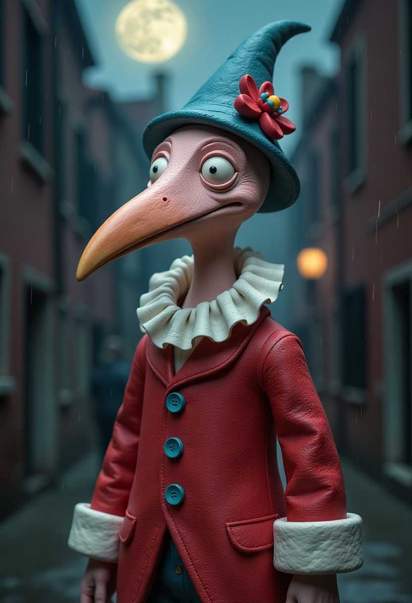 This image features a character that appears to be a stopmotion clay animation figure. The art style is whimsical and cartoonish, with exaggerated facial features and a playful, fantastical quality. The medium seems to be a soft, pliable clay, which is a common material for stopmotion animation.The character is predominantly pink with a few touches of blue and brown. The skin texture is rough and uneven, giving the appearance of a handcrafted object. This image is a surreal and whimsical portrayal of a figure that defies conventional human representation. The subject is standing in a dark Venetian alley at minight under a full moon, exuding a sense of contemplation or solemnity during a heavy rainstorm. The figure is adorned in a richly textured, red jacket with a polka dot pattern, which adds a playful and vibrant contrast to the otherwise muted and somber tones of the background.The jacket is buttoned up to the neck, revealing a white ruffled collar that adds a touch of oldworld elegance. The collar is neatly folded and appears to be of a style reminiscent of 17th or 18thcentury fashion. The jackets cuffs are also adorned with a white ruffle, which matches the collar, and they are rolled up to the elbows, giving a sense of casual refinement.The figures head is replaced by a birdlike beak, which is long and narrow, with a pale, almost translucent skin tone.  The bird head is topped with a pointed, blue hat that has a red flower on the peak, which introduces a pop of color and a touch of nature into the otherwise human attire.