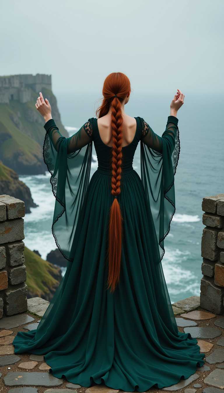 Ruda,**Title**: "Ethereal Gaze from the Battlements" **Visual Details and Style**: The scene captures a full-profile view of a striking woman with stretched raven wings with flowing, long red braids, woven intricately to cascade down her back. She stands poised, exuding a timeless grace in a lush, deep-green medieval dress, embellished with delicate lace and detailed embroidery echoing the artistry of the era. The dress billows dramatically in the gusty winds, creating powerful fluid lines and highlighting the dynamic movement. Her hair, a vivid splash of color, dances wildly in the wind, each strand catching the light to reveal rich coppery hues. she rises her hands which look like raven wings, she is stretching the wings**Composition**: Positioned centrally, the woman stands on the stone battlements of a grand, ancient Scottish castle, perched atop a rugged cliff. The castle walls, worn and textured from centuries of weathering, frame her form against the tempestuous backdrop. The camera angle is slightly elevated, focusing on her resolute silhouette and the expansive stormy sea far below. The composition draws the viewer's eye from the woman outward to the vastness of the tumultuous sea. **Mood and Atmosphere**: The scene is imbued with a mystical and ethereal atmosphere, set against the muted, gray tones of a storm