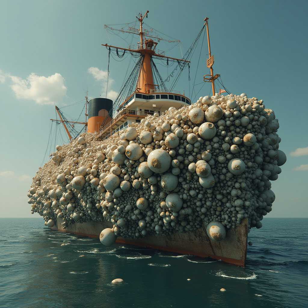 A ship covered in barnacles. The barnacles are holding laptops