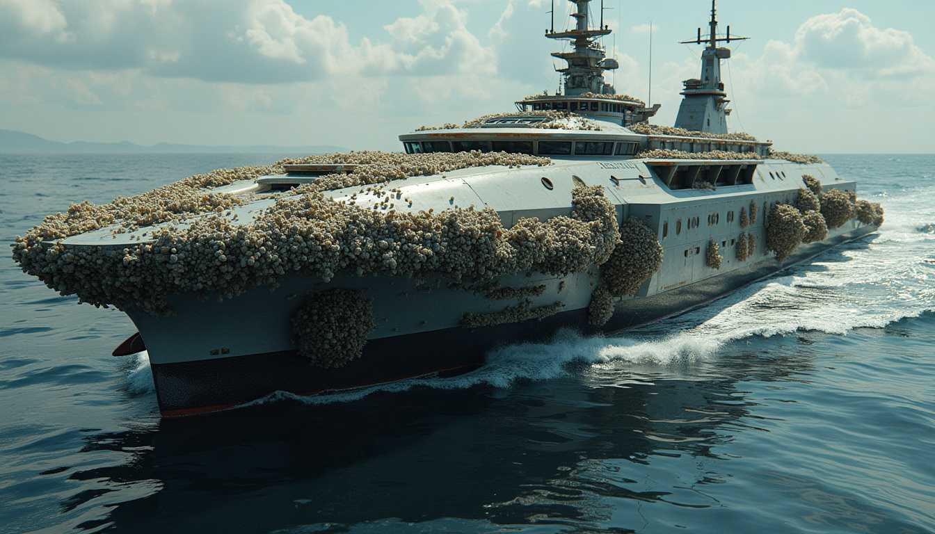 A high tech futuristic ship sailing through the water covered in barnacles