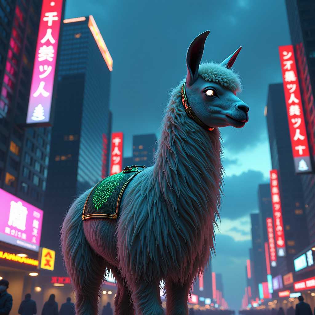 Title: "Biopunk Llama on a Power Trip"

In a surreal and captivating image, envision a biopunk llama that merges organic and mechanical features. The llama stands dominantly at the center of the scene, exuding a sense of authority and confidence. Its wool is intricately interwoven with bio-engineered metallic fibers, shimmering in iridescent hues of blue and green under the piercing neon city lights. 

The setting is a bustling, futuristic cityscape at dusk, where towering skyscrapers are adorned with bioluminescent vines and holographic advertisements. The sky is a deep indigo, transitioning into star-speckled darkness, creating a sharp contrast with the vibrant city glow. 

The camera angle is low, looking slightly upward at the llama to emphasize its imposing presence, capturing the intricate details of its biopunk armor that encases parts of its body in shimmering, flexible alloys. Its eyes glint with a digital glow, resonating with a captivating, intelligent awareness.

The artistic style combines elements of cyberpunk and surrealism, with a focus on rich textures and dynamic lighting, bringing an otherworldly yet grounded atmosphere to life. The mood is enigmatic and slightly rebellious, showcasing a world where nature and technology have fused into a new,