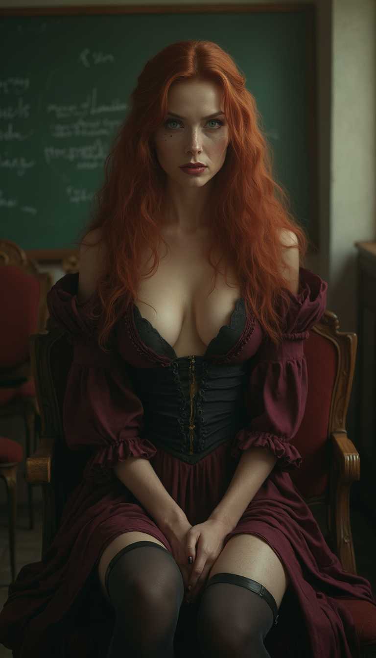 The style of the picture is fantasy realism. The picture is a far away distant full-body portrait from across a room rendered in a semi-photorealistic manner that masterfully blends dark and dreamy elements. The focus is a middle-aged matron, mature and ripe, portrayed with flowing long red hair cascading down her back, which strikingly contrasts with her fair complexion and vivid emerald-green eyes. She has slight wrinkles and laugh lines in her face. Her attire is a sultry, sexy imaginative reimagining of an old-fashioned school teacher's uniform, tailored to artfully accentuate her figure and large breasts while maintaining an air of fantastical charm. A plunging V neckline shows an incredible amount of her cleavage, and her top has low shoulder straps, exposing her bare shoulders. Her expression is dominated by an evil and menacing grin, inciting a mean smirk that plays on her lips, while her sharp, stern and discerning gaze suggests she suspects misbehavior needing discipline. Adding to her commanding presence, she possesses an imposing and statuesque broad-shouldered frame, tall yet curvaceous and alluring. The setting is medieval fantasy, and the auditorium is suitable for existing inside of a castle. Her fingernails are painted red, and her lipstick is red also.

She sits in a chair in the front of a classroom, an environment filled with secrecy and anticipation. Her legs are spread apart, causing her very short miniskirt to hike up to her hip and reveal thigh-high stockings, garters, and panties in a very suggestive and seductive way. Subtle yet dramatic lighting softens the scene, casting gentle shadows that accentuate the air of mystery and intrigue. The image is a distant full-body portrait captured at eye level, magnifying her captivating dominance and presence. The color palette is a meticulously crafted harmony of deep, rich hues.