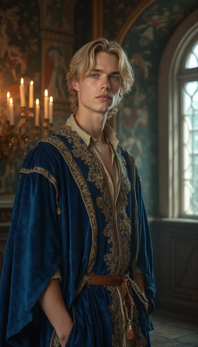Young male medieval prince, sixteen years old, petite in build but with a slightly plump behind, standing gracefully in a lavish royal chamber. His slightly long, flowing blonde hair catches the soft candlelight, creating a halo effect around his fair pale skin. His striking blue eyes gaze serenely, conveying a subtle femininity that softens his youthful features. The prince wears an ornately embroidered velvet tunic in rich hues of deep blue and gold, accentuating his regal heritage. 

The backdrop of the image features tapestries depicting knightly tales, intricate stonework, and a grand arched window casting gentle moonlight across the scene. Style the image with a touch of romanticism, capturing the essence of a medieval fairytale. The composition centers on the prince, framed by the opulent surroundings, with a soft focus on his face to emphasize his delicate beauty. The mood is serene and elegant, evoking a sense of quiet contemplation in the tranquil setting. Use techniques like chiaroscuro to highlight the contrast between light and shadow, giving depth and emotion to the scene.