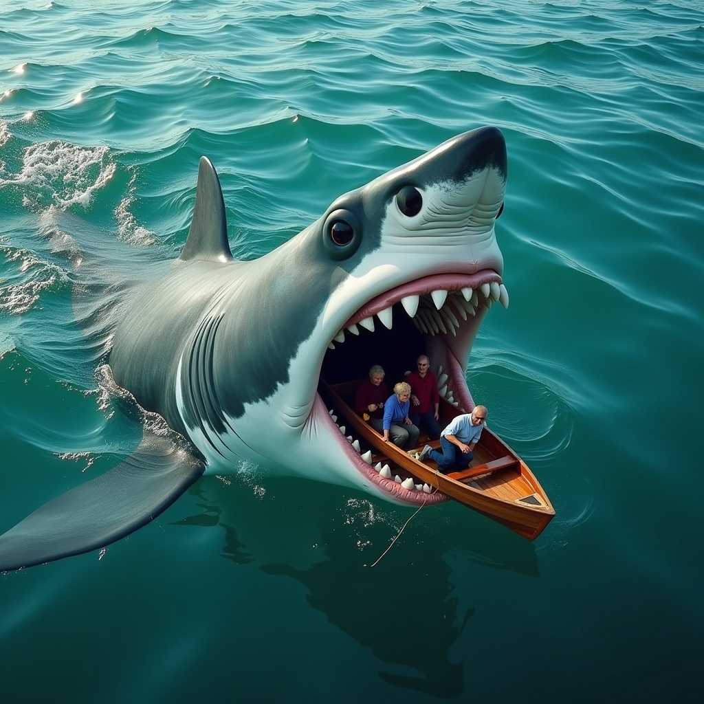A large shark with its mouth wide open, emerging from the water, with a wooden boat with people in it is in its mouth instead of teeth, surrounded by deep turquoise water with small ripples.