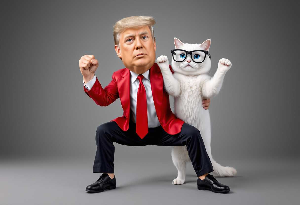 a photo of MAGA, , caricature 3d This image is a digitally manipulated photograph that features a MAGA human figure and a cat. The human figure is dressed in a red blazer, a white shirt, a red tie, and dark trousers. The blazer has a shiny, satin finish, and the lapels are wide and prominent. The figure is wearing black dress shoes with a classic lace up design. The human figure is posed with one leg slightly bent and the other extended backward, with the arms bent at the elbows and fists clenched as if in a fighting stance.The cat in the image is white with fluffy fur, standing on its hind legs and front paws raised in a similar fighting stance as the human figure. The cat is wearing oversized, black rimmed glasses that give it a comical appearance. The glasses are large in proportion to the cats face, and the lenses are tinted a deep blue.The background of the image is a neutral, muted gray that fades into a darker tone at the edges, creating a gradient effect. The lighting in the image is soft and diffused, with no harsh shadows, which gives the photo a smooth and even appearance. The overall art style of the image is whimsical and surreal, combining human and animal elements in a playful and humorous way.The medium of the image is photography, with digital manipulation likely used to create the surreal elements and the comical poses of the subjects. The colors in the image are primarily muted tones, with the reds and blues of the human figure and cats glasses providing pops of color against the neutral background. The textures in the image are varied the human figures clothing has a satiny sheen, the cats fur is fluffy and soft, and the glasses have a glossy finish.