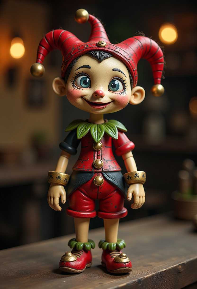This image features a quaint medeival tavern background and a slightly eerie character that appears to be a wooden painted puppet. The art style is whimsical and cartoonish, with exaggerated facial features and a playful, fantastical quality. The medium seems to be painted wood. The skin texture is rough and uneven, giving the appearance of a handcrafted object. A puppet that is designed to resemble a jester. The puppet is adorned in a colorful costume that includes a red and black bodice with a green leaflike design, red shorts, and red shoes with golden bells on the toes. The puppets face is painted with a prominent, exaggerated nose, and a wide smile. The puppets hair is styled in a red topknot with a small bell attached to the end, and it has a small tuft of hair sticking out from the side of its head. The puppets eyes are large and expressive, with a hint of blue in them.