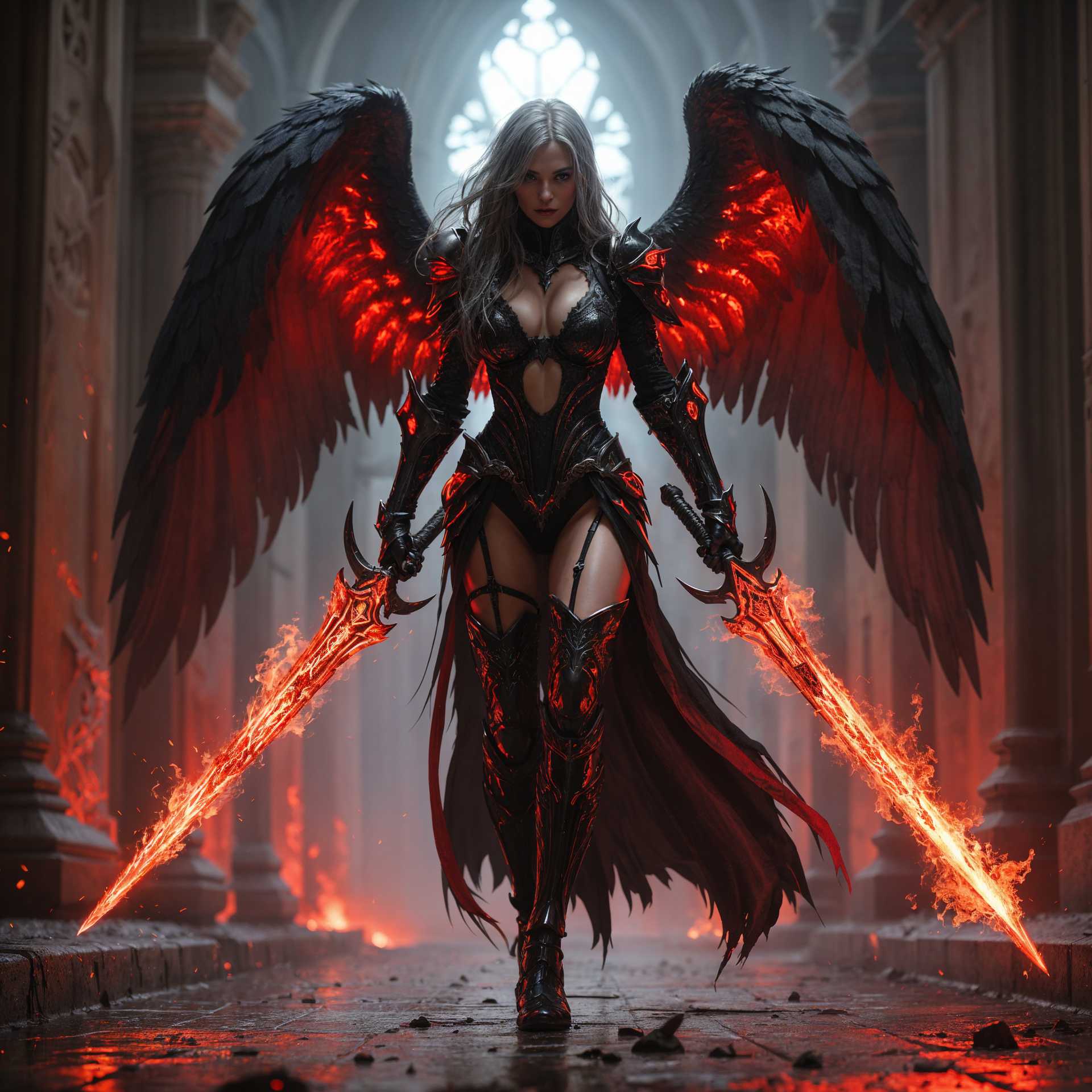 AI-generated image: Female Lancelot, Full body shot of a grey-haired fallen angel in majestic bikini black armor, his ar