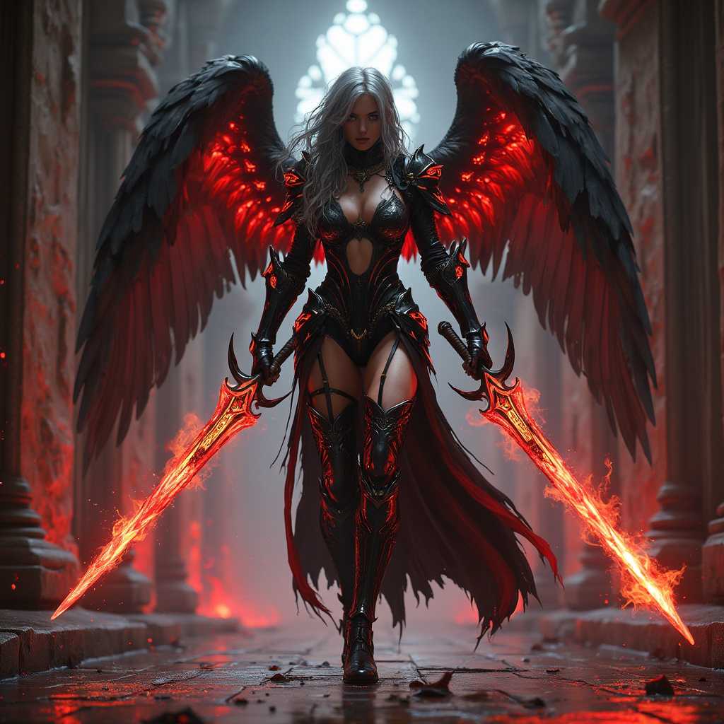 Female Lancelot, Full body shot of a grey-haired fallen angel in majestic bikini black armor, his armor is full of red glowing runes, he is charging towards camera, he hold two handed giant fire sword, sword is surrounded by blinding flames, Fallen angel boot are black metal and red glowing skin The Phantom Aegis suit is designed for stealth and agility. Face of the fallen angle is full of anger and fury, Scene is taking place in dark abandoned cathedral full of red glowing ghosts, Cinematic, dramatic, photorealistic