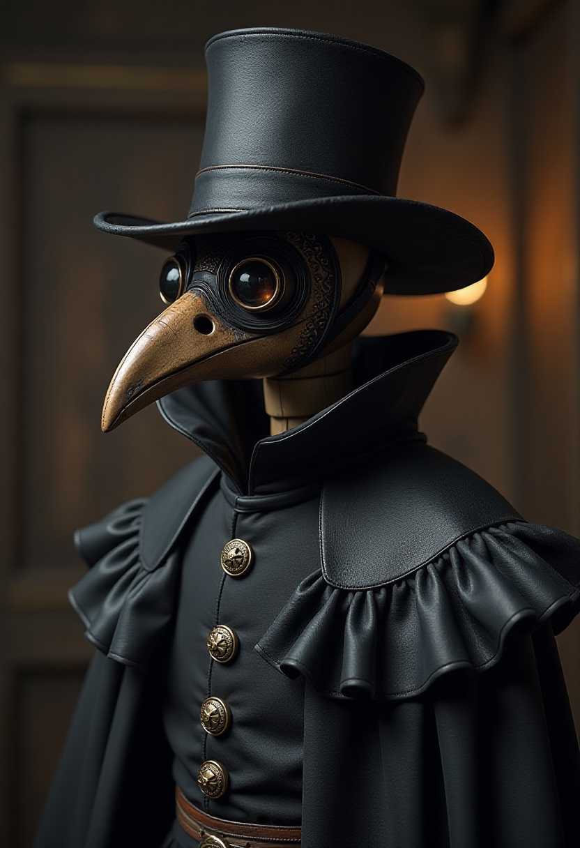 The skin texture is rough and uneven, giving the appearance of a handcrafted object. This image features a quaint medeival tavern background and a a painted wooden figure dressed in a dark, somber costume that evokes a sense of antiquity and mystery. The figure is adorned with a tall, widebrimmed black hat that sits atop the head, casting a shadow over the face. The hat is made of a material that appears to be leather, with a subtle sheen and a slightly worn texture, suggesting age and perhaps a history of use.The figures attire includes a voluminous, ruffled black cloak that drapes elegantly around the shoulders and chest. The cloak is detailed with a series of ornate buttons, each featuring a unique design, possibly symbolic or decorative. The buttons are made of a dark, matte material that contrasts with the sheen of the hat.The figures face is obscured by a mask that resembles a birds beak, with a long, pointed tip and a textured surface that mimics the skin of a bird. The mask is attached to the head with a strap that runs around the back of the head, securing it in place. The eyes of the mask are represented by large, round, and reflective lenses that give the mask a somewhat mechanical appearance.The overall art style of the image is reminiscent of a historical or fantasy genre, with a focus on detailed textures and a moody, atmospheric quality. The medium appears to be digital painting, given the smooth gradients and seamless blending of colors. The colors in the image are primarily dark and muted, with deep blacks, grays, and subtle hints of brown and gold, creating a sense of depth and richness.The objects in the image include the tall black hat, the voluminous black cloak with ornate buttons, and the birdlike mask with reflective lenses. These objects contribute to the overall aesthetic of the costume and suggest a character that may be from a bygone era or a fictional world. The costume and mask are designed to evoke a sense of mystery and foreboding, with elements that may be associated with plague doctors or other figures from historical times who dealt with diseases and epidemics. 
