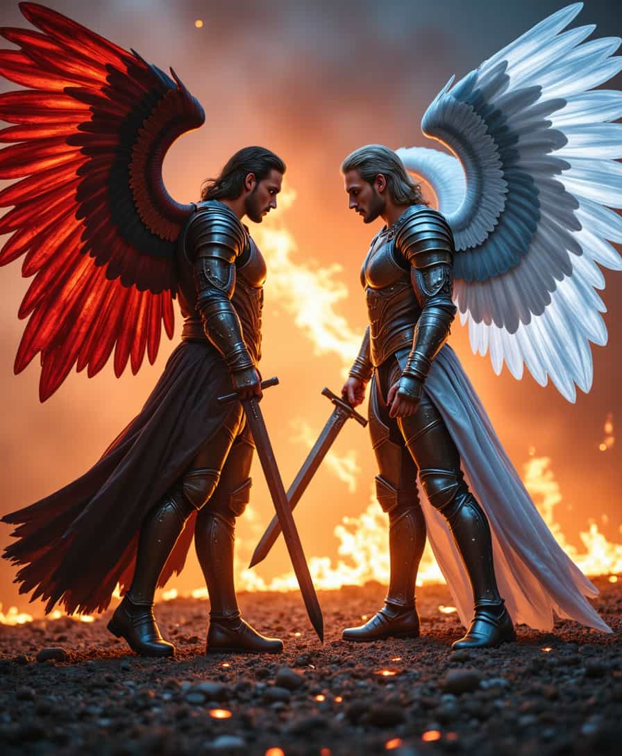 Lancelot, Full body side shot of two male twin angels Fallen Angel and Holy Angel facing each other before the fight, the have exact same faces but different appearence. (The first Fallen Angel is a a grey-haired fallen angel with red-black wings in majestic black armor, his armor is full of red glowing runes, he is charging towards camera, he hold two handed giant fire sword, sword is surrounded by blinding flames, Fallen angel boot are black metal and red glowing skin The Phantom Aegis suit is designed for stealth and agility. Face of the fallen angle is full of anger and fury).( Second angel platinum blond-haired angel with white glowing wings in majestic celestial blue-gold armor, his armor is full of white glowing runes, his legs are also covered with epic armor pads, he is charging towards camera, he hold two-handed giant fire sword Angel hold the long sword in both hands, sword is blasting lightnings, Angel boots are gold metal and blue glowing skin Face of the angel is full of anger and fury), scene is taking place on the lava field, Cinematic, dramatic, photorealistic