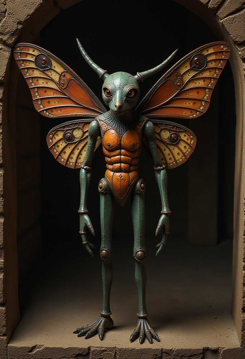 The skin texture is rough and uneven, giving the appearance of a handcrafted object. This image features a quaint medeival tavern background and a a painted wooden figure of a creature that resembles a cross between a moth and a humanoid figure. The art style is reminiscent of a dark fantasy or gothic illustration, with a focus on dramatic contrasts and a sense of foreboding. 