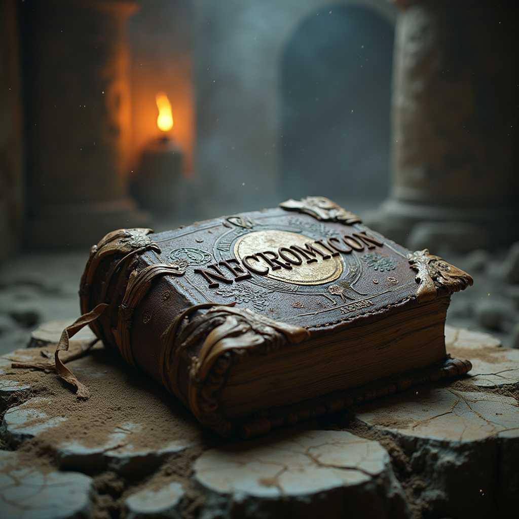 **Image Prompt:**

Create a haunting scene centered around the ancient book, "NECRONOMICON," the fabled tome of death magic. The book appears detailed and unsettling, its cover composed of an eerie patchwork of bones, aged leather, human flesh, and coarse stitches, vividly showcasing its sinister origins. The title "NECRONOMICON" is visibly scarred into the surface, the ink resembling dark, aged tattoos. 

The book rests atop a cracked stone altar, surrounded by ancient carvings and intricate runes that hint at long-lost magical incantations. The temple interior is dimly lit by flickering torchlight, casting shifting shadows across the scene, enhancing the ominous atmosphere. 

Fine, powdery dust particles hang suspended in the air, caught in the light beams and adding a sense of timelessness and decay. The temple floor is uneven and worn, thick with layers of accumulated dust that speak of centuries of abandonment. 

Capture this scene with a dramatic low-angle shot that emphasizes the foreboding presence of the book. The ambient lighting should evoke a feeling of antiquity and otherworldly unease, with colors in muted browns, greys, and dusky oranges to accentuate the texture of materials and the ancient