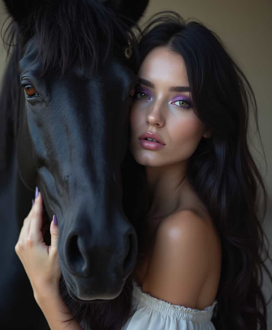 selective color, cinematic amazing beautiful photoshoot of a head of a black horse that leans against head of a beautiful young woman with very long messy black hair, selective colored purple eye shadow and purple lips, intrinsic details, detailed eyes, high resolution, 32k, ultra realistic, soft light