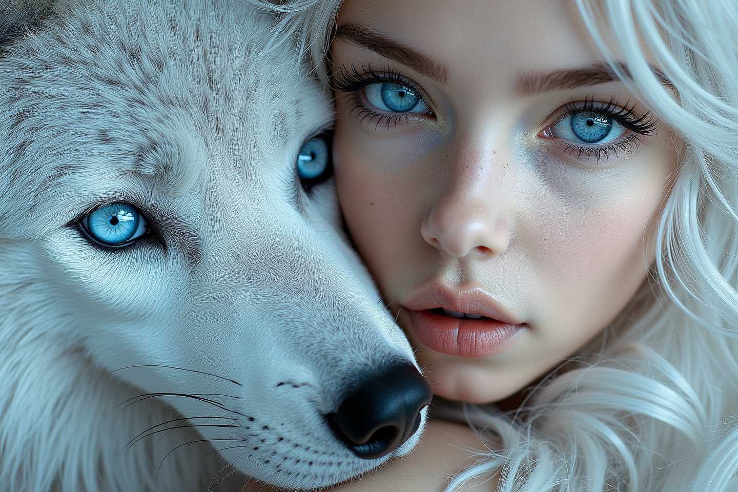 selective color, cinematic amazing beautiful photoshoot of a head of a white wolf that leans against head of a beautiful young girl with very long messy white blond hair and ice blue eyes, intrinsic details, detailed eyes, high resolution, 32k, ultra realistic, soft light