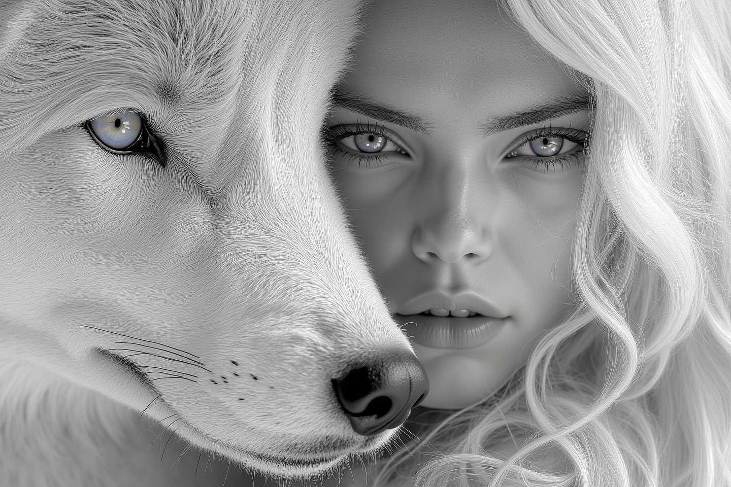 selective color, cinematic amazing beautiful photoshoot of a head of a white wolf that leans against head of a beautiful young girl with very long messy white blond hair and ice blue eyes, intrinsic details, detailed eyes, high resolution, 32k, ultra realistic, soft light
