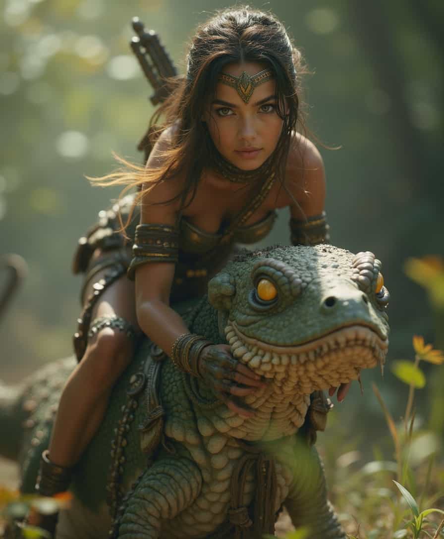 Rider of the Lizard A Fantasy Warrior in a Sunlit Forest