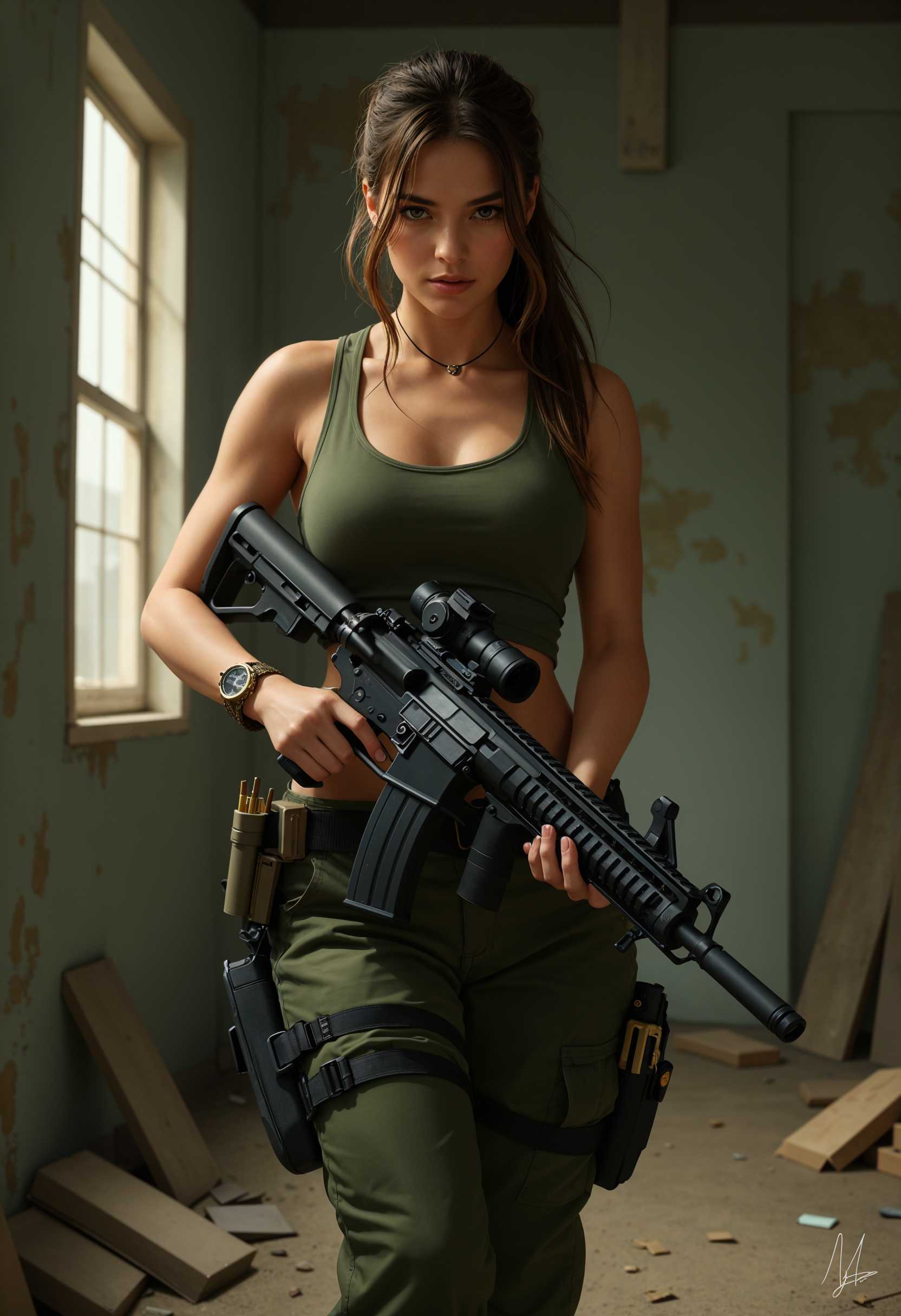 AI-generated image: This image is a digital artwork that depicts a female figure in a dynamic pose, holding a modern ass