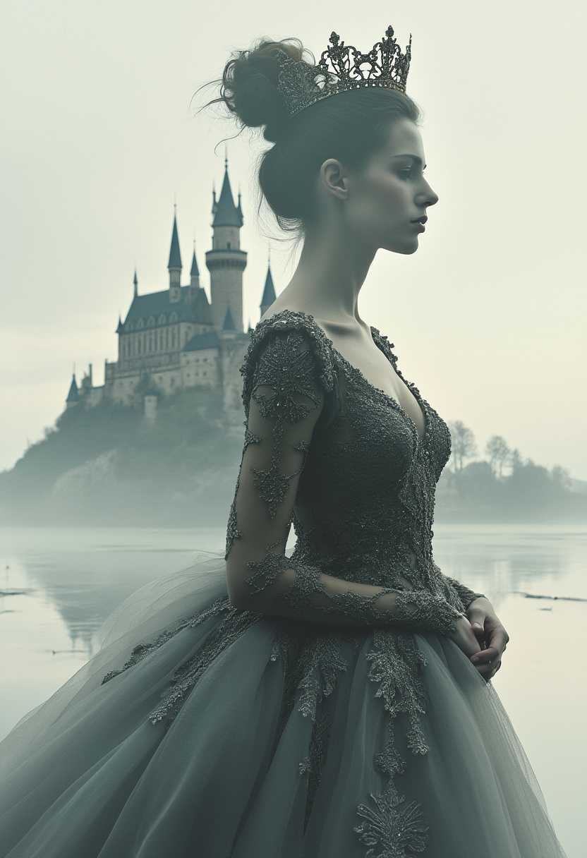 A double exposure photograph merges two captivating scenes into one artistic vision. The primary image features the silhouette of a regal woman adorned in an opulent gown, intricately detailed with lace and embroidery, with a plunging deep V-neck design. Her silhouette is gracefully poised, as if caught in a moment of serene reflection. Atop her head sits a majestic crown, intricately adorned with jewels that subtly catch the light, suggesting royalty and elegance. Overlaying this silhouette is the ethereal image of a grand castle perched majestically on an isolated island, painted with soft, hazy edges to blend seamlessly into the woman's form. The castle, an architectural marvel, boasts spires and turrets rising into an overcast sky, casting reflections onto the tranquil surface of the surrounding moat. The composition captures a sense of exquisite majesty, with the castle's silhouette melding into the contours of the woman’s form, creating a seamless transition between the two realms. A palette of muted grays and silvers, punctuated by glimmers of gold from the crown, sets a dreamlike, stately ambiance. The overall mood is one of mystical elegance and timelessness, akin to a visual symphony of regal opulence and ancient, enchanted landscapes. The image is enveloped in soft focus,