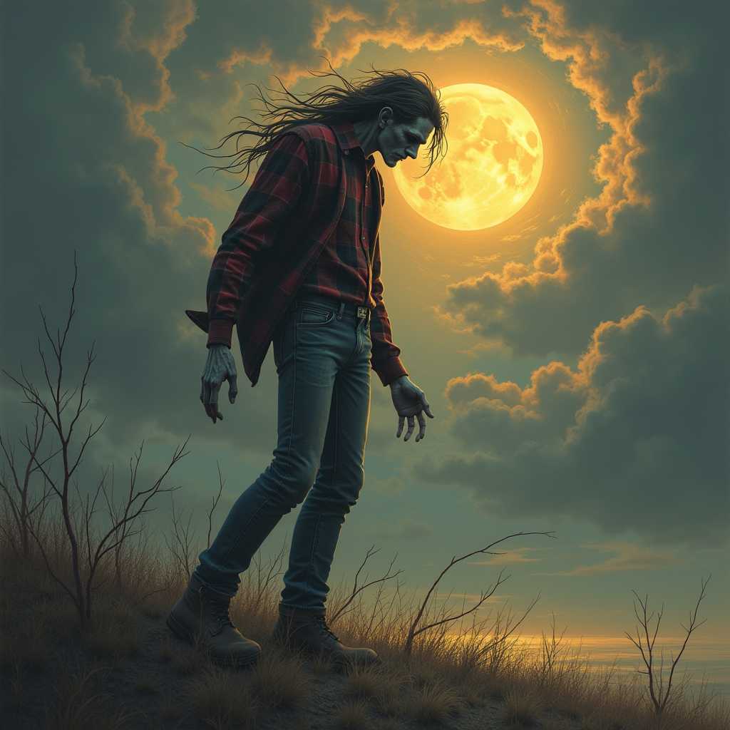 a creepy tall man in high rise jeans wearing a flannel, his hair is stringy and flowing, his skin is pale and wrinkled, his limbs are long and stretched, the air around him swirls and dances in a macabre mystery and earth below him trembles in fear, the sun mocks the man as it dances on the horizon and the moon falls as if to crush him