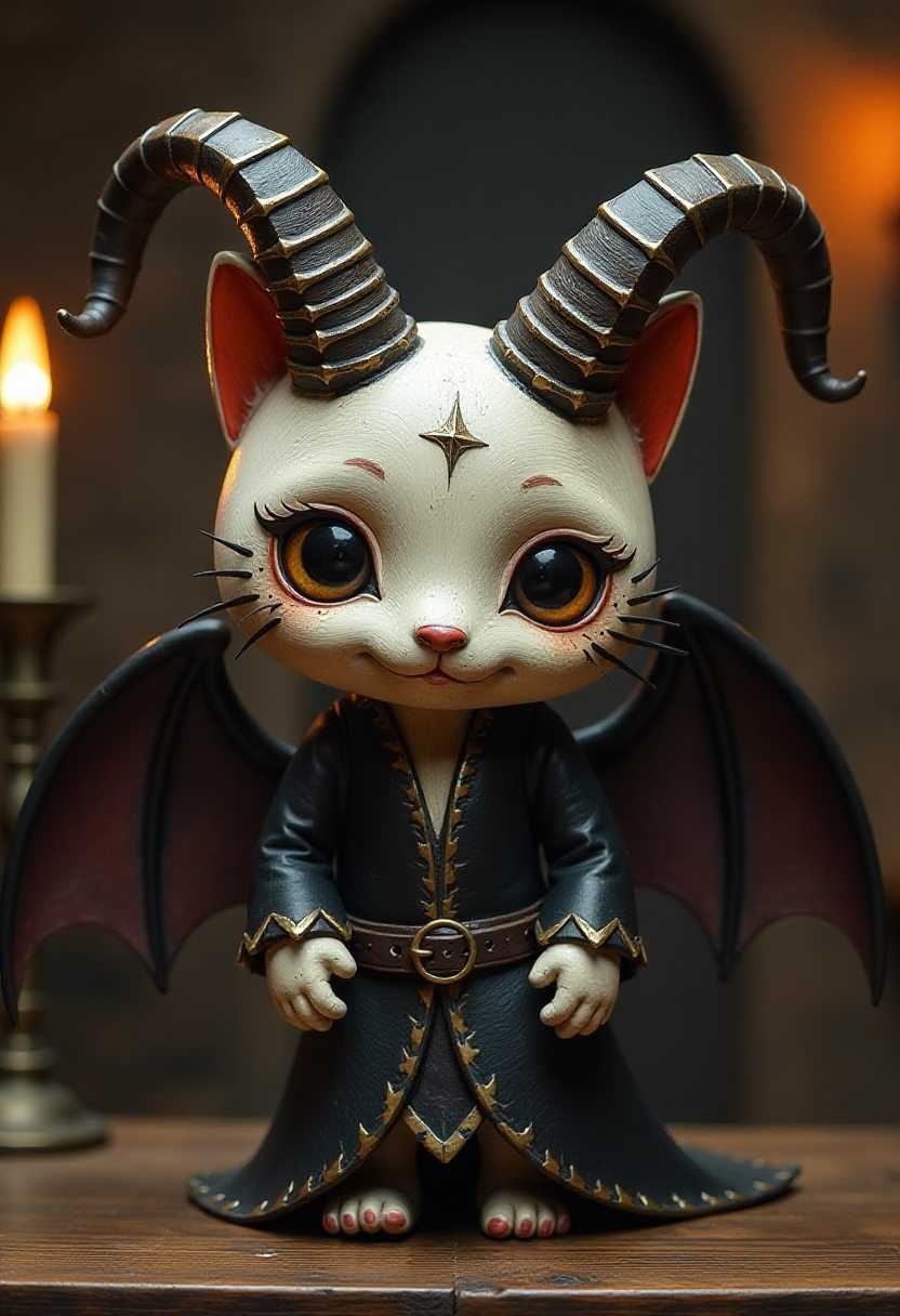 Some occultists have attempted to link Baphomet with the Gnostics and Templars, although occasionally purported to be a deity or a demon. A slightly eerie Hello Kitty character with goats horns an bat wings, that appears to be a wooden painted puppet, medieval tavern background. The art style is whimsical and cartoonish, with exaggerated facial features and a playful, fantastical quality. The medium seems to be painted wood. The skin texture is rough and uneven, giving the appearance of a handcrafted object. 