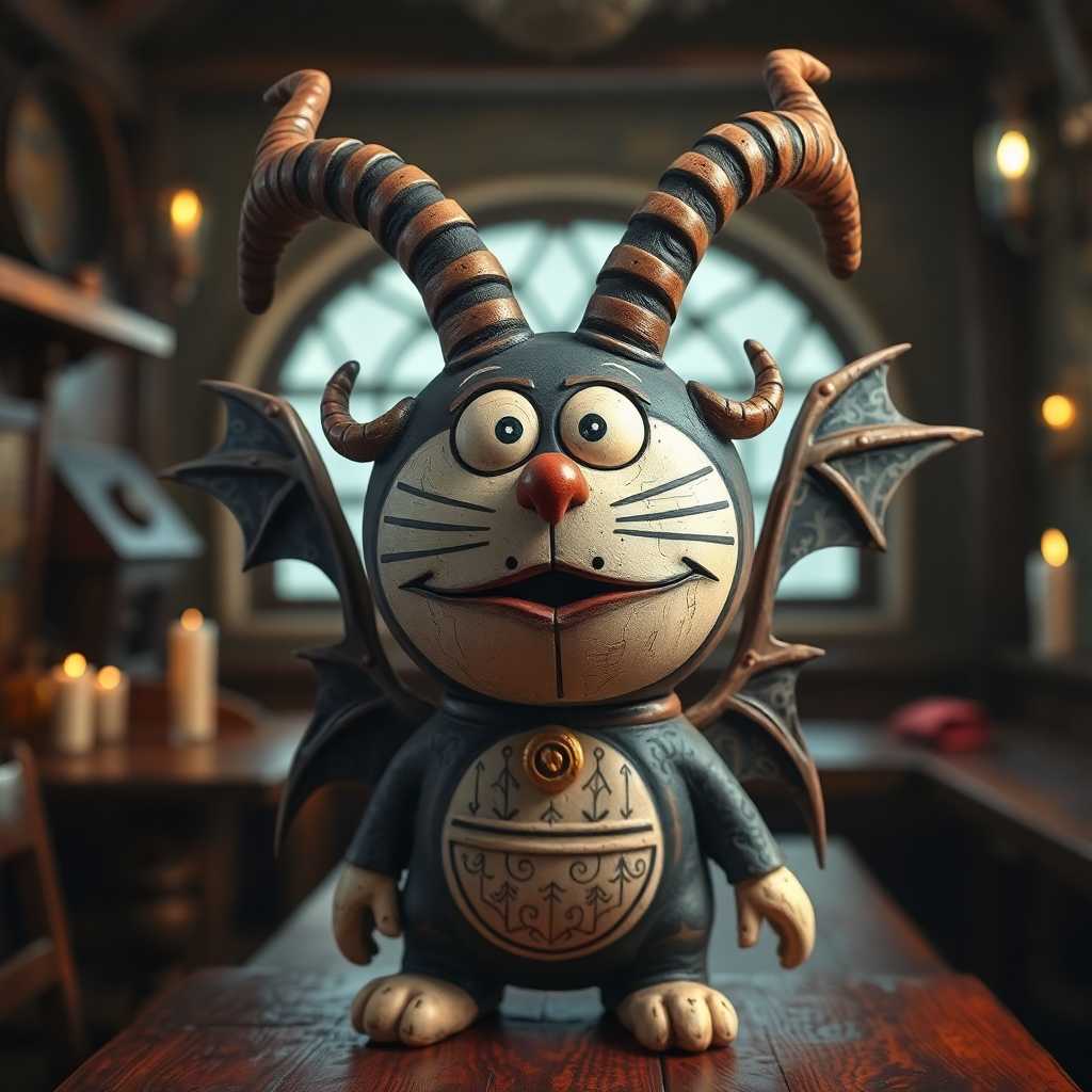 Some occultists have attempted to link Baphomet with the Gnostics and Templars, although occasionally purported to be a deity or a demon. A slightly eerie Doraemon character with goats horns an bat wings, that appears to be a wooden painted puppet, medieval tavern background. The art style is whimsical and cartoonish, with exaggerated facial features and a playful, fantastical quality. The medium seems to be painted wood. The skin texture is rough and uneven, giving the appearance of a handcrafted object. 