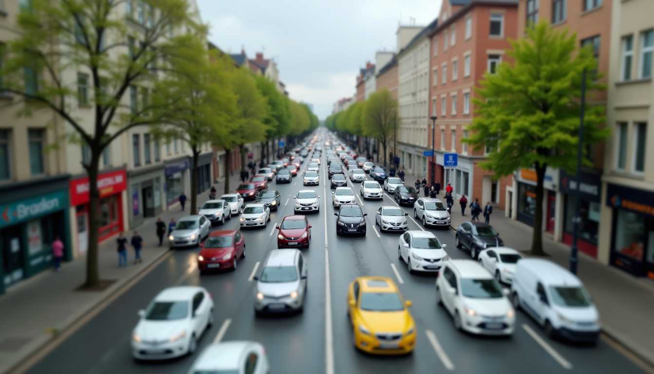 A tilt-shift effect applied to a busy urban scene, making it look like a miniature model.