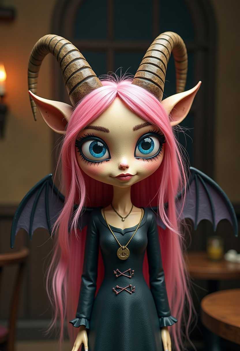 Some occultists have attempted to link Baphomet with the Gnostics and Templars, although occasionally purported to be a deity or a demon. A slightly eerie sewer punk lady student, blue eyes, pink hair painted wooden doll with goats horns an bat wings, that appears to be a wooden painted puppet, medieval tavern background. The art style is whimsical and cartoonish, with exaggerated facial features and a playful, fantastical quality. The medium seems to be painted wood. The skin texture is rough and uneven, giving the appearance of a handcrafted object. 