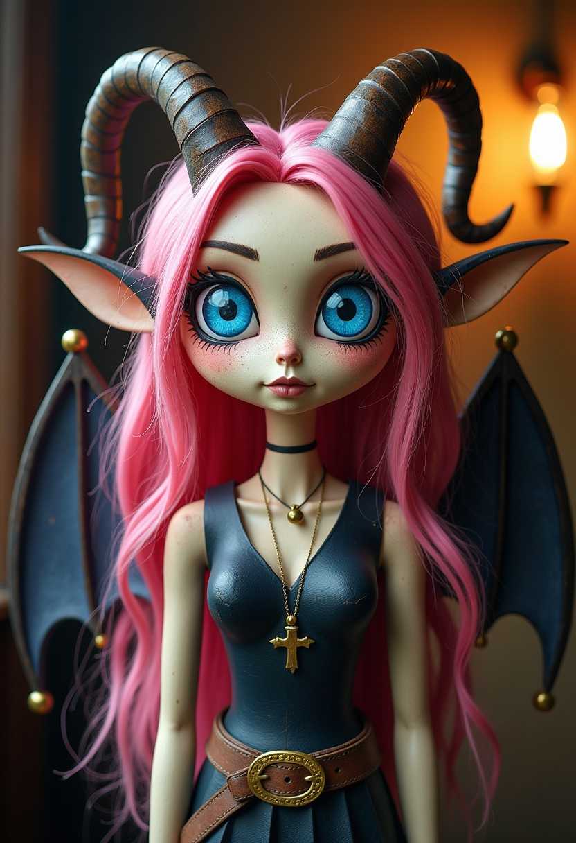 Enchanting PinkHaired Demon Doll with Majestic Horns and Wings