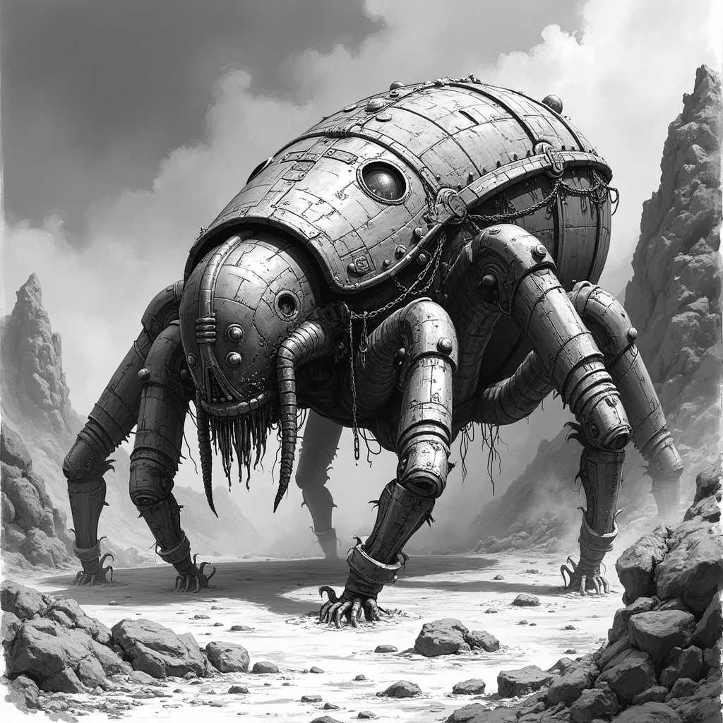 Black and white illustration.
The Crawling Crypt is a massive, fortress that moves on four enormous insectoid legs. Its stone masonry outer walls write and pulsate with nasty stinging insects. Much of the interior is taken up by a labyrinth. When the Crypt settles its body onto the ground, various openings lure intruders into this maze.

The Crypt is controlled from a gothic-style helm, filled with eldritch instruments and scrying devices. A throne room provides a commanding view for the master of this mobile fortress. Protruding from the front, under the helm, is a powerful chaos bolt cannon for attack fortifications.

This vehicle serves as a mobile base for a powerful dark lord in a game world that blends magic with the rapid technological advancements of the industrial era. 