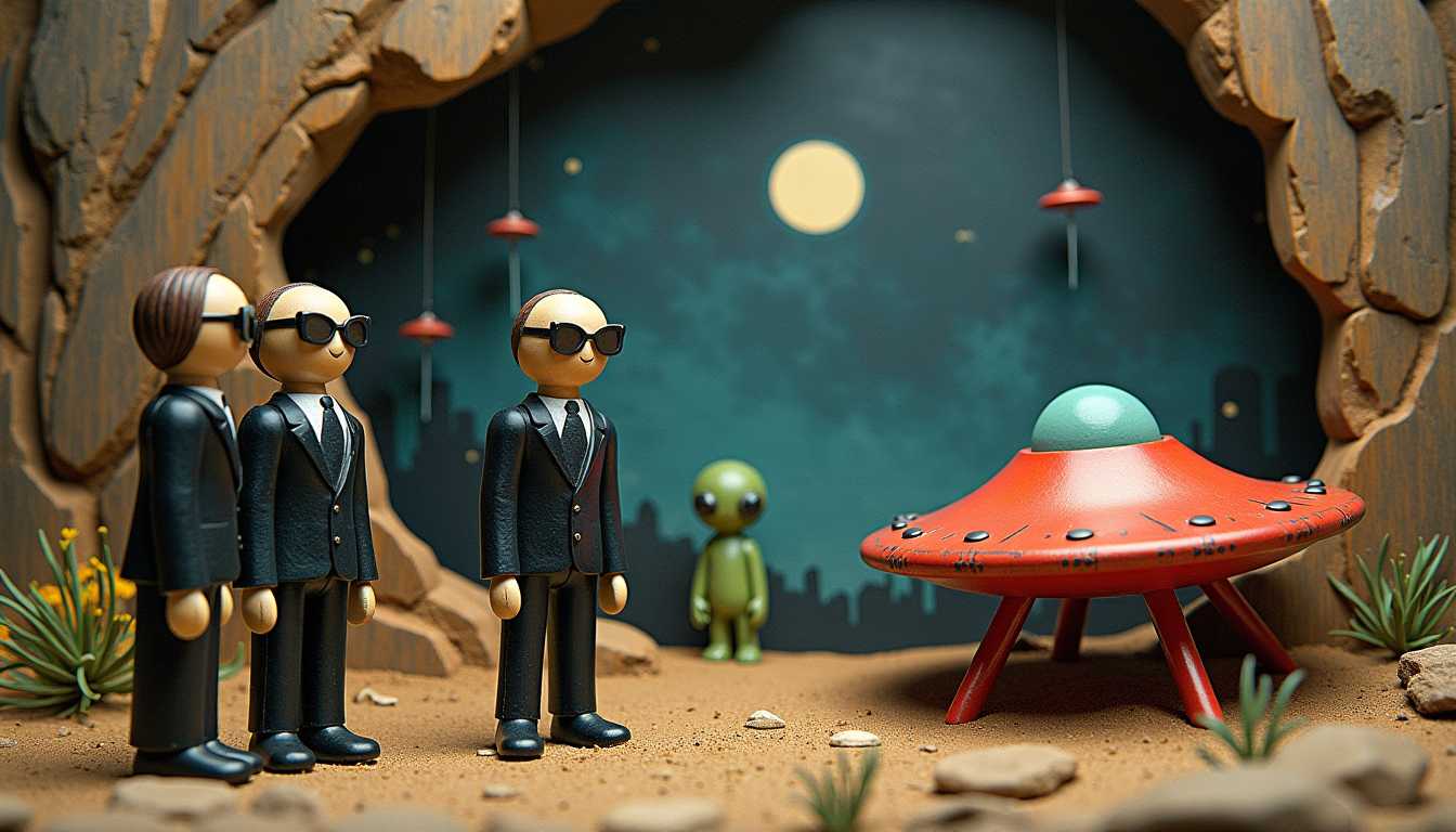 This image features 3d and scenery characters that appears to be painted wooden figures or puppets without strings. The art style is whimsical and cartoonish, with exaggerated facial features and a playful, fantastical quality.

In popular culture and UFO conspiracy theories, men in black (MIB) are government agents dressed in black suits and sunglasses who question, interrogate, harass, threaten, allegedly memory-wipe or sometimes even assassinate unidentified flying object (UFO) witnesses to keep them silent about what they have seen.

Carved painted wooden background depicting a spooky remote place with a flying saucer on the ground with tripod legs, an opeming with an extended ladder and alien beings.