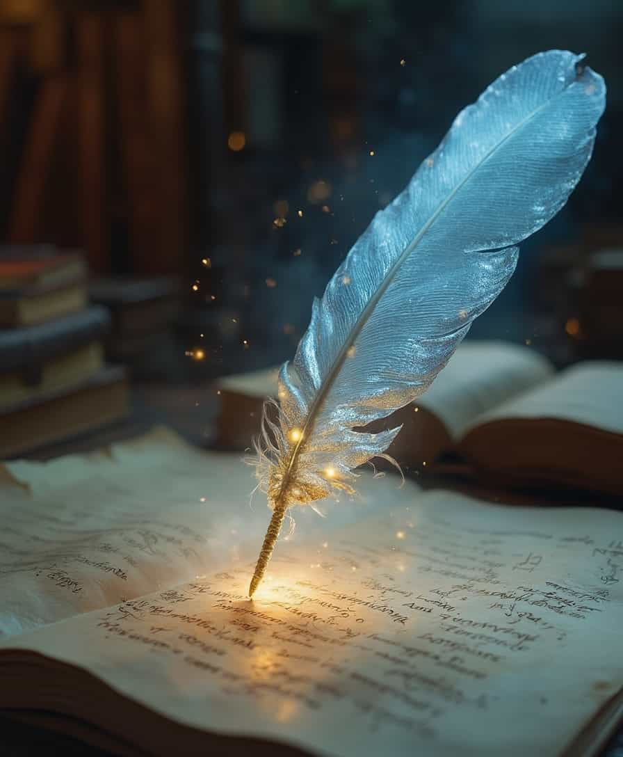 A hyper-realistic close-up of an enchanted quill, its feather shimmering with a soft, pearlescent glow in shades of blue and silver. The quillâs tip is made of fine crystal, sparkling as it hovers just above a parchment covered in glowing, golden runes. The background is a blurred, dimly lit study filled with ancient books and scrolls, creating a warm, scholarly atmosphere. Semi-transparent wisps of magical energy coil around the quill, enhancing its ethereal quality. Realistic shading and highlights emphasize the softness of the feather, with subtle variations in color that catch the light. The crystal tip of the quill refracts light, creating a delicate prism effect on the parchment. One glowing rune pulses faintly as the quill hovers, poised to continue writing its mystical script.