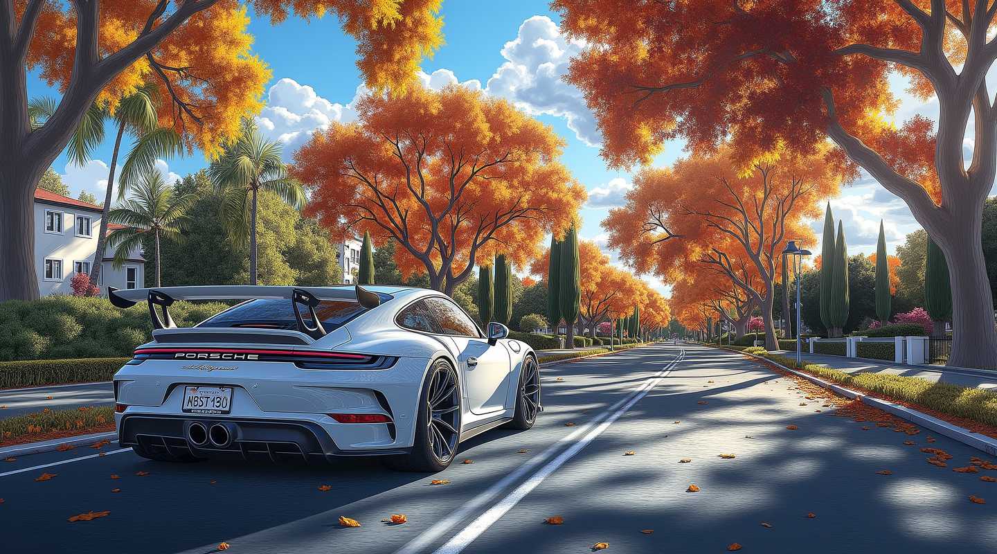 calendar illustration of A Porsche gt3 gt3 wallpaper, in the style of martin ansin, simon stalenhag, white and gray, mural painting, ary scheffer, colored cartoon style, precision and detail - oriented