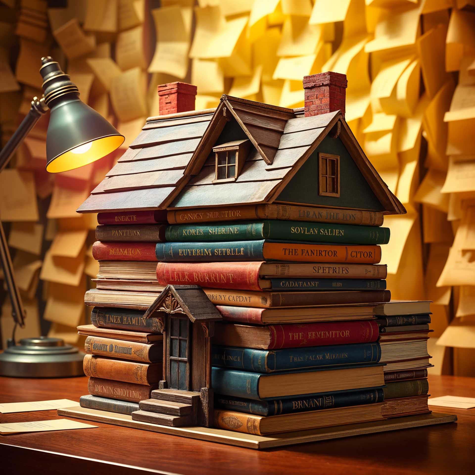 A whimsical architectural model composed entirely of stacked old books, intricately arranged to form a quaint, cottage-style house. The structure features a delightful mix of both softcover and hardcover books, their spines revealing random scientific titles embossed in faded gold lettering. The color palette of the book covers ranges from deep browns and rich reds to muted blues and greens, showcasing the textures and slight wear of the bindings. The scene is set against a brightly illuminated background, casting a gentle glow that highlights the unique contours and angles of this literary abode. A spectrum of rainbow colors bathes the entire scene, creating a magical and enchanting atmosphere. The composition is framed in a wide-angle lens, capturing the full grandeur of the house of books, with a focus on vividness and detail. The overall mood is one of whimsy and wonder, evoking the nostalgic charm of a beloved library. The image should employ high dynamic range (HDR) techniques to accentuate the vibrant colors and soft, ambient lighting.