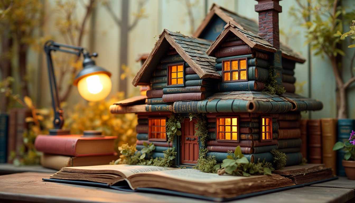 Whimsical architectural model composed entirely of stacked old books, intricately arranged to form a quaint, cottage-style house. This imaginative structure blends both softcover and hardcover books, with spines revealing random scientific titles embossed in faded gold lettering. The color palette of the book covers varies from deep browns and rich reds to muted blues and greens, showcasing the textures and slight wear of their bindings. In the background, a forest of gently rustling sheets of paper adds depth and intrigue, their movement captured in a suggestion of a gentle breeze. A desk lamp positioned to the side casts a warm, sunny light across the scene, accentuating the unique contours and angles of this literary abode. A spectrum of rainbow colors lightly bathes the entire setting, enhancing the magical and enchanting atmosphere. The composition is viewed through a wide-angle lens, capturing the full grandeur of the house of books and the surrounding papery forest, focusing on vividness and detail. The overall mood is whimsical and wondrous, evoking the nostalgic charm of a beloved library. Employ high dynamic range (HDR) techniques to accentuate the vibrant colors and soft, ambient lighting.