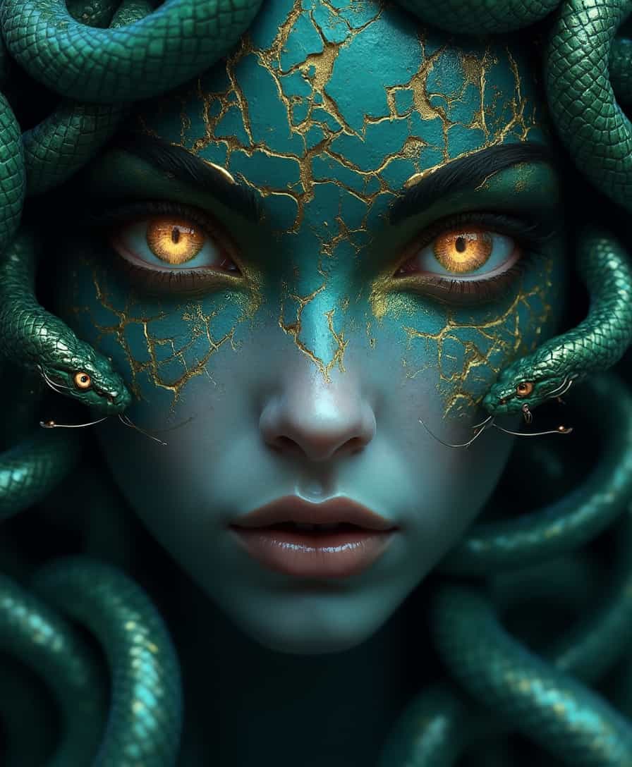 This image features a close-up of Medusa, a goddess with snake-like hair, blending dark fantasy and surreal beauty. Her face, both entrancing and fearsome, is framed by writhing serpents, each one a continuation of her body, their scales shimmering in shades of deep emerald and gold. Her eyes, a mixture of hypnotic purple and green, draw the viewer in with a predatory allure, glowing with a mystical energy that radiates power. The texture of her skin, dark and cracked like ancient stone, bears flecks of silver and gold that shimmer faintly, adding to her otherworldly presence. The snakes move restlessly, adding a sense of danger to her already commanding figure.
Her skin appears both decayed and ethereal, with cracks revealing an inner light that hints at the ancient magic she holds. Shadows dance across her face, emphasizing her haunting beauty. Metallic threads flow from her eyes like cursed tears, adding to the eerie elegance of her visage. The deep blues and blacks of the background enhance the focus on her glowing, mesmerizing eyes and the serpents coiling around her head, creating a sense of danger, mystery, and dark allure.
The overall mood is hauntingly captivating, combining beauty and terror in a way that lures the viewer into her powerful, enigmatic gaze.