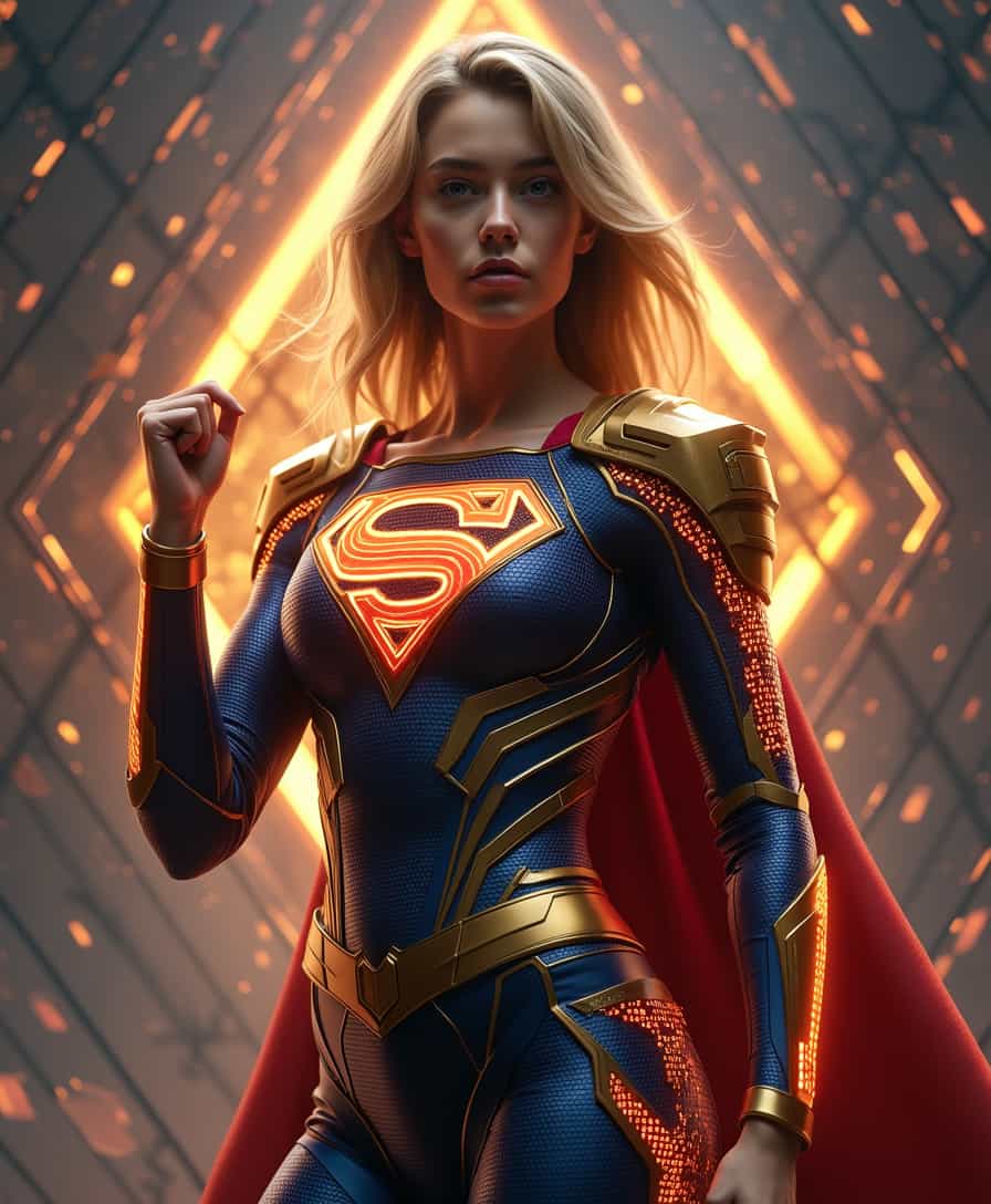 A photorealistic image of supergirl sabcarp based on fictional characters from DC Comics  enveloped in a digital nexus, her costume infused with binary code that flickers with energy the backdrop of intersecting geometric shapes that seem to pulse with a golden glow, representing her power over both the digital and physical realms.

geometric armor plating to her shoulders and chest, with sharp, angular designs that mirror the background aesthetics.Integrate glowing binary code patterns into Supergirl's suit, running along the seams and edges, highlighting her connection to the digital realm.

She stands with one hand raised, palm facing outwards as if signaling to calm down, her expression firm but gentle.

