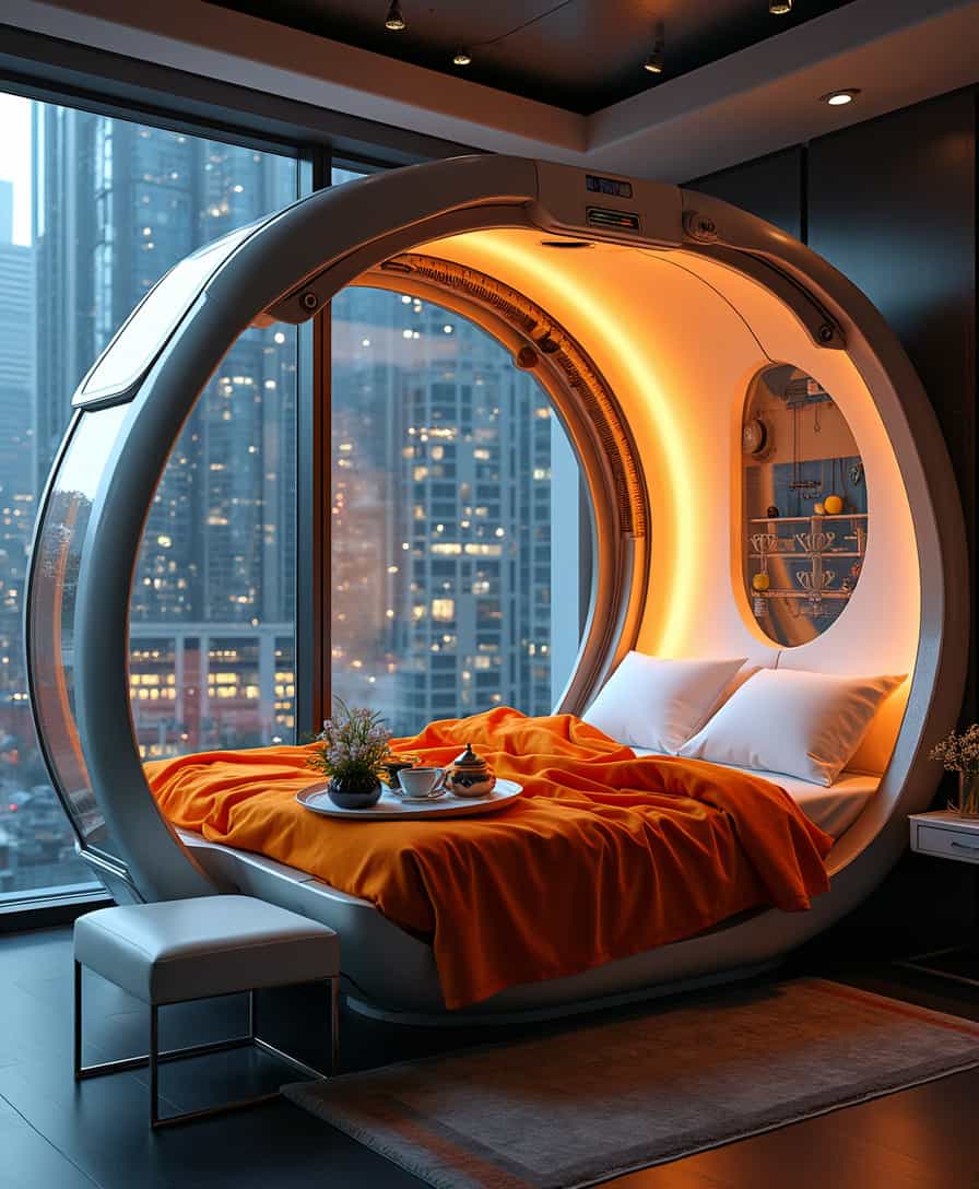 OBweilai, A futuristic bedroom featuring a large, pod-like bed enclosed in a circular metallic and glass structure with integrated technological components and mechanical arms. The bed is covered with bright orange blankets and white pillows, creating a cozy contrast against the high-tech frame. The pod is illuminated by soft, warm lights. A small white table in front of the bed holds a tray with tea, a vase of flowers, and decorative items, while a white stool is positioned near the foot of the bed. The room has a dark metalic floor, and large windows offer a view of a city skyline at night, with twinkling lights in the background. The setting evokes a sense of futuristic luxury, blending advanced technology with comfort and a warm, inviting atmosphere 