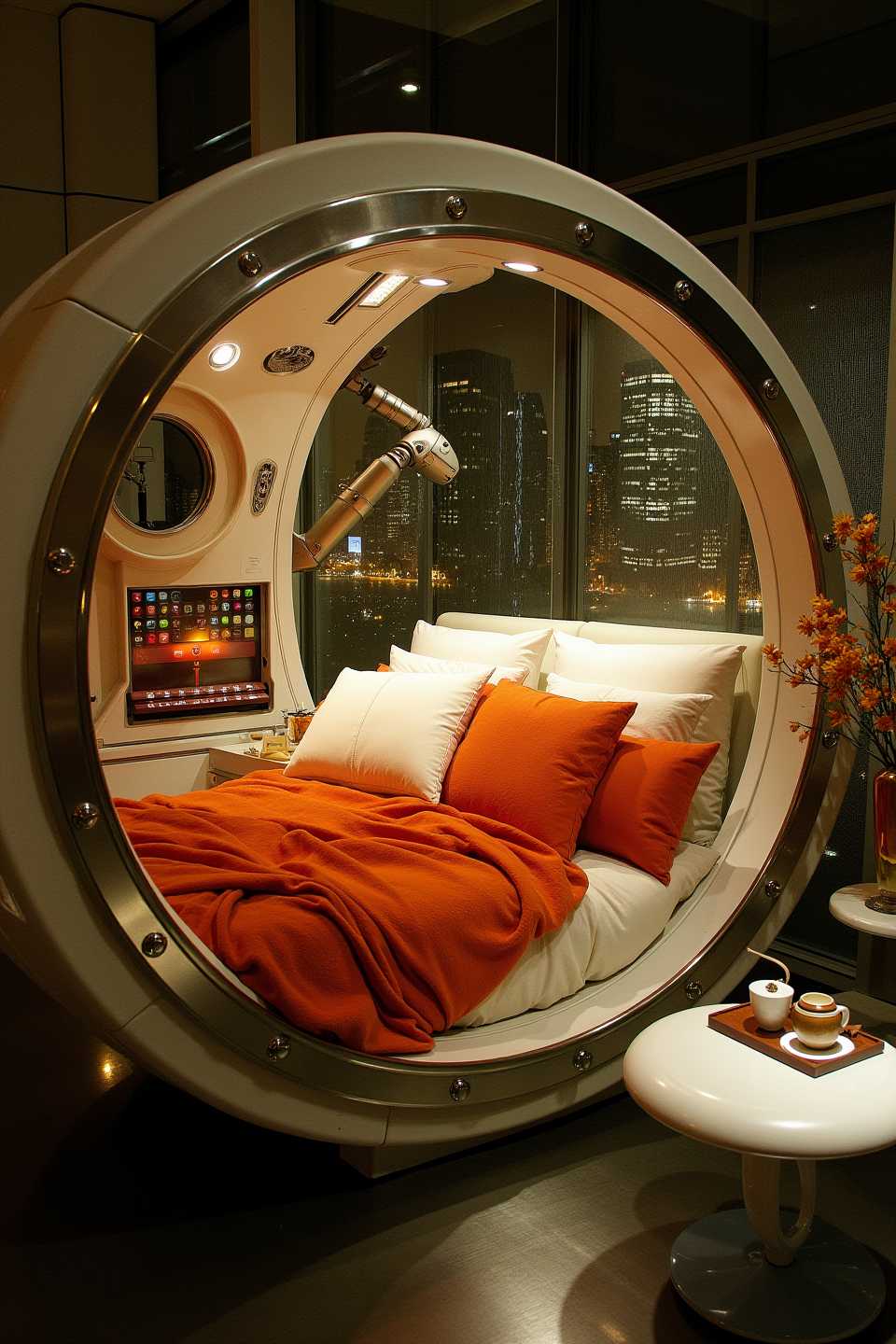 OBweilai, A futuristic bedroom featuring a large, pod-like bed enclosed in a circular metallic and glass structure with integrated technological components and mechanical arms. The bed is covered with bright orange blankets and white pillows, creating a cozy contrast against the high-tech frame. The pod is illuminated by soft, warm lights. A small white table in front of the bed holds a tray with tea, a vase of flowers, and decorative items, while a white stool is positioned near the foot of the bed. The room has a dark metalic floor, and large windows offer a view of a city skyline at night, with twinkling lights in the background. The setting evokes a sense of futuristic luxury, blending advanced technology with comfort and a warm, inviting atmosphere 