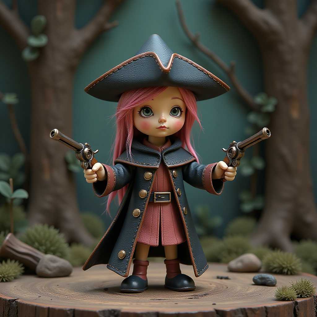 This image features 3d characters and scenery that appear to be painted wooden figures or puppets without strings. The art style is whimsical and cartoonish, with exaggerated facial features and a playful, fantastical quality.

The central figure is a cloaked female figure, pink hair, with a flat 3 sided tricorn hat, suggesting a historical or fantasy setting. The figure is holding 2 antigue highwayman flintlock pistols with wide barrels in a ready stance,indicating an imminent confrontation.
Carved painted wooden background depicting a spooky forest