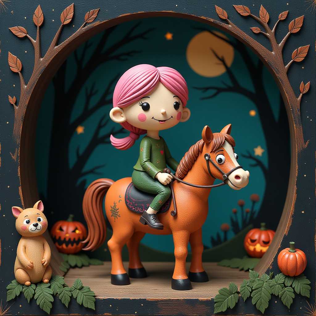 This image features 3d characters and scenery that appear to be painted wooden figures or puppets without strings. The art style is whimsical and cartoonish, with exaggerated facial features and a playful, fantastical quality.

The central figure is a female figure, pink hair, mounted on a horse.
Carved painted wooden background depicting a spooky forest at midnight, stars, moon.