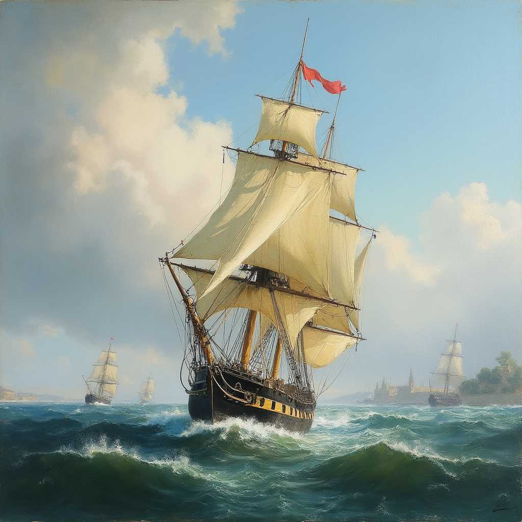 Create an oil painting of a 17th century sailing ship in rough seas with Portsmouth Harbour in the background in the style of J M W Turner.