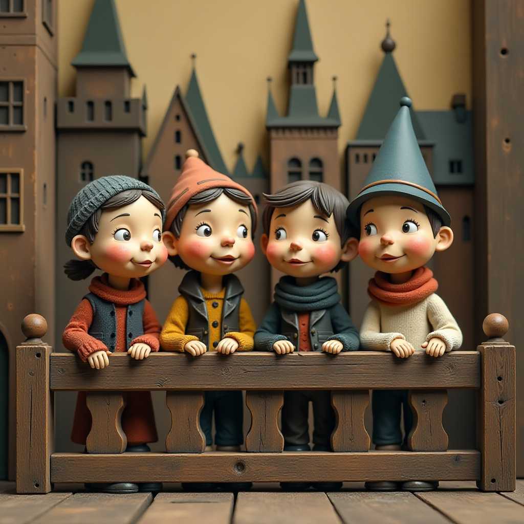 Four animated children in medieval attire gazing at a castle backdrop