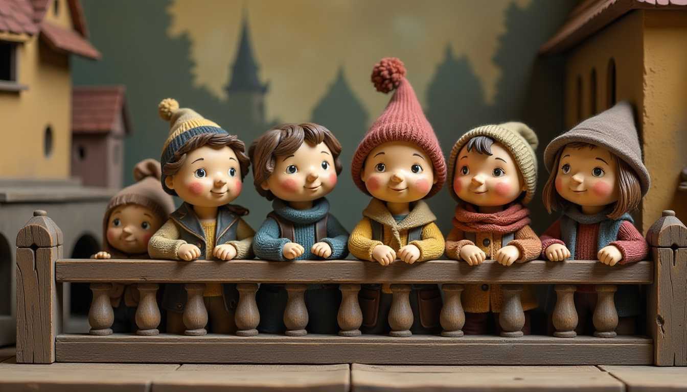 This image features 3d characters and scenery that appear to be painted wooden figures or puppets without strings. The art style is whimsical and cartoonish, with exaggerated facial features and a playful, fantastical quality.


The colors are muted and earthy, with a sepiatoned quality that gives the image a vintage feel. The palette consists of browns, grays, blacks, and touches of muted red, yellow, and blue.The objects in the image are primarily wooden elements, such as a wooden platform or stage upon which the characters are positioned. The platform has a rough, textured surface with visible grain patterns and knots. There are also wooden railings that run along the front edge of the platform, and the corners of the platform have a slightly rounded, carved appearance.The characters are arranged closely together, with some leaning over the railing and others standing behind them. They are dressed in a variety of eclectic and mismatched clothing, which adds to the whimsical and slightly disheveled aesthetic of the scene. The clothing includes sweaters, vests, hats, and scarves in various colors and patterns.Overall, the image conveys a sense of anticipation or tension, as the characters seem to be gazing intently at something outside of the frame. The stopmotion technique is evident in the slight inconsistencies and irregularities in the characters poses and expressions, giving the scene a dynamic and slightly unsettling quality.

Carved painted wooden background depicting quaint czech prague cityscape
