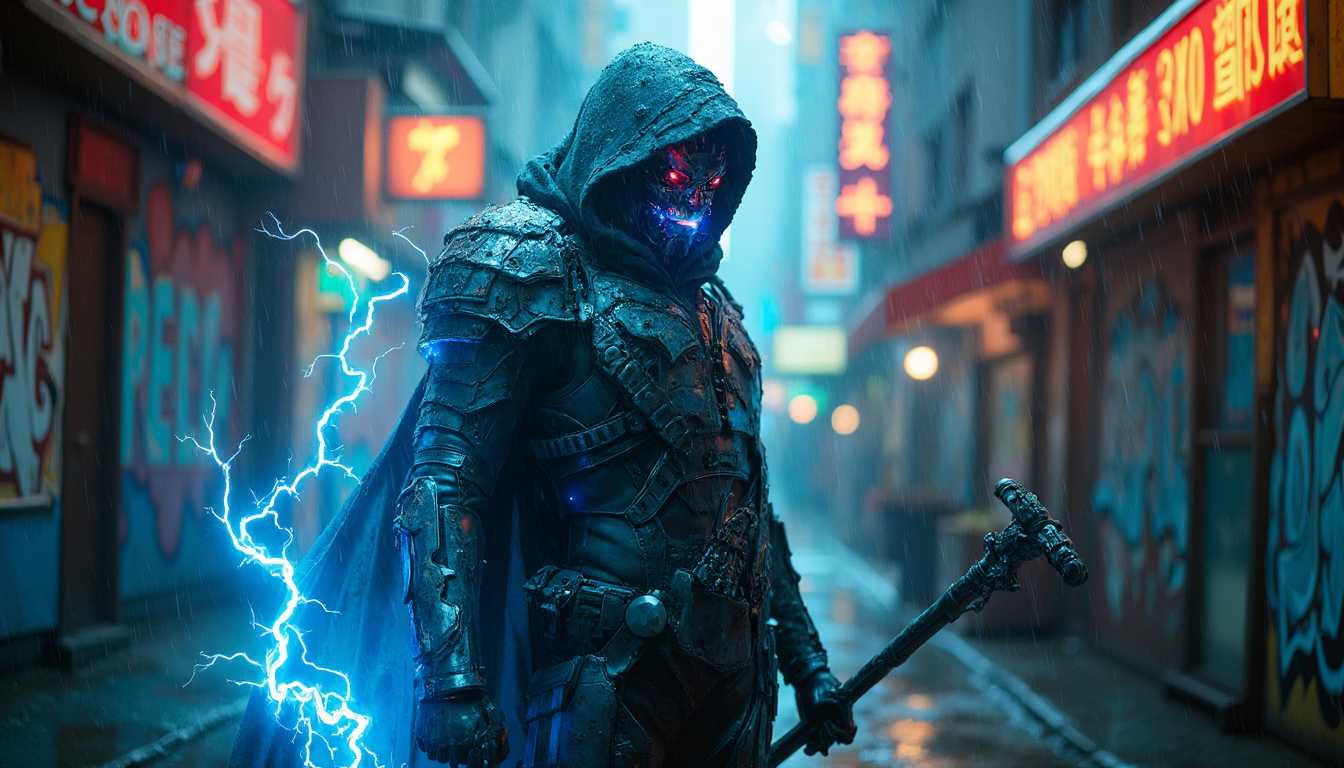 A cinematic shot of a figure standing tall in a rain-soaked city. The figure is clad in sleek, dark armor and wields an electric staff that crackles with blue energy. A glowing cybernetic mask covers their face, pulsing with vibrant lights that reflect off the wet streets. The neon signs above flicker in the storm, casting a kaleidoscope of colors onto the graffiti-covered walls surrounding them.