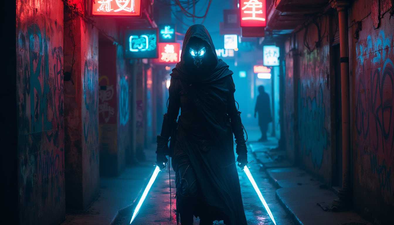 NeonLit Warrior in a Cyberpunk Alley