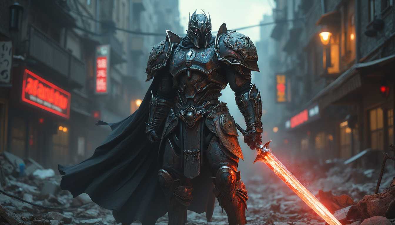 In the heart of a crumbling urban wasteland, a heavily armored warrior stands with a glowing blade in hand. Their armor, adorned with graffiti-like markings, gleams in the dim light of the setting sun, while neon signs flicker faintly in the background. The warrior’s blade pulses with energy, casting a soft glow across the debris-strewn street. Their presence is both commanding and intense, as they stand ready to defend against the dangers lurking in the shadows. The urban decay around them contrasts with the vibrant energy of their weapon, creating a scene of defiant strength amidst chaos.