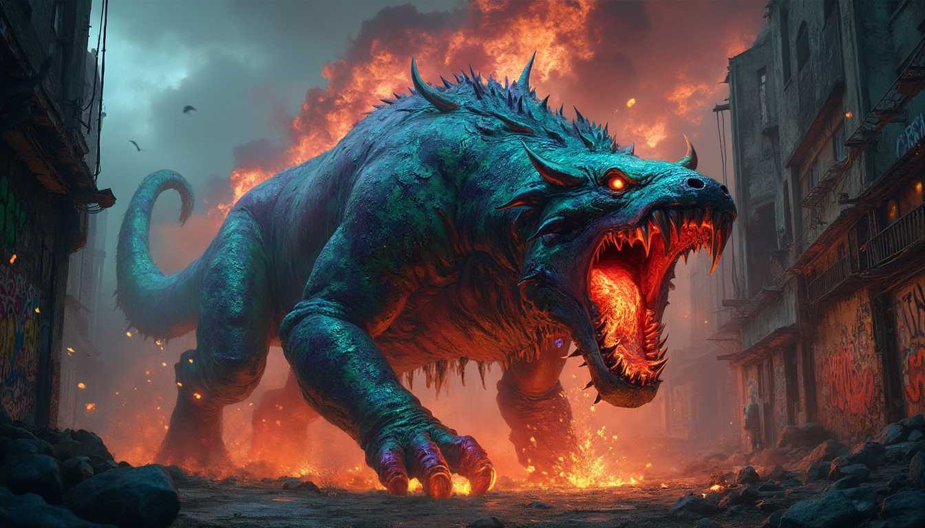 A photo of a ravenous, iridescent graffiti beast, its massive form adorned with graffiti patterns and neon tattoos that glow under eerie neon lights. It stands among the urban decay of crumbling buildings, its thick hide blending with the graffiti-laden walls. Dark markings crisscross its muscular frame, hinting at ancient mystical power. The beast’s snarling maw emits a glowing circuit of burning light, surrounded by digital arcane symbols, exuding an aura of raw, untamed energy. Above, dark clouds roil with orange fire, enhancing the chaotic atmosphere. The beast's immense power merges ancient primal forces with the urban chaos, a creature born of rebellion and mystical rage.