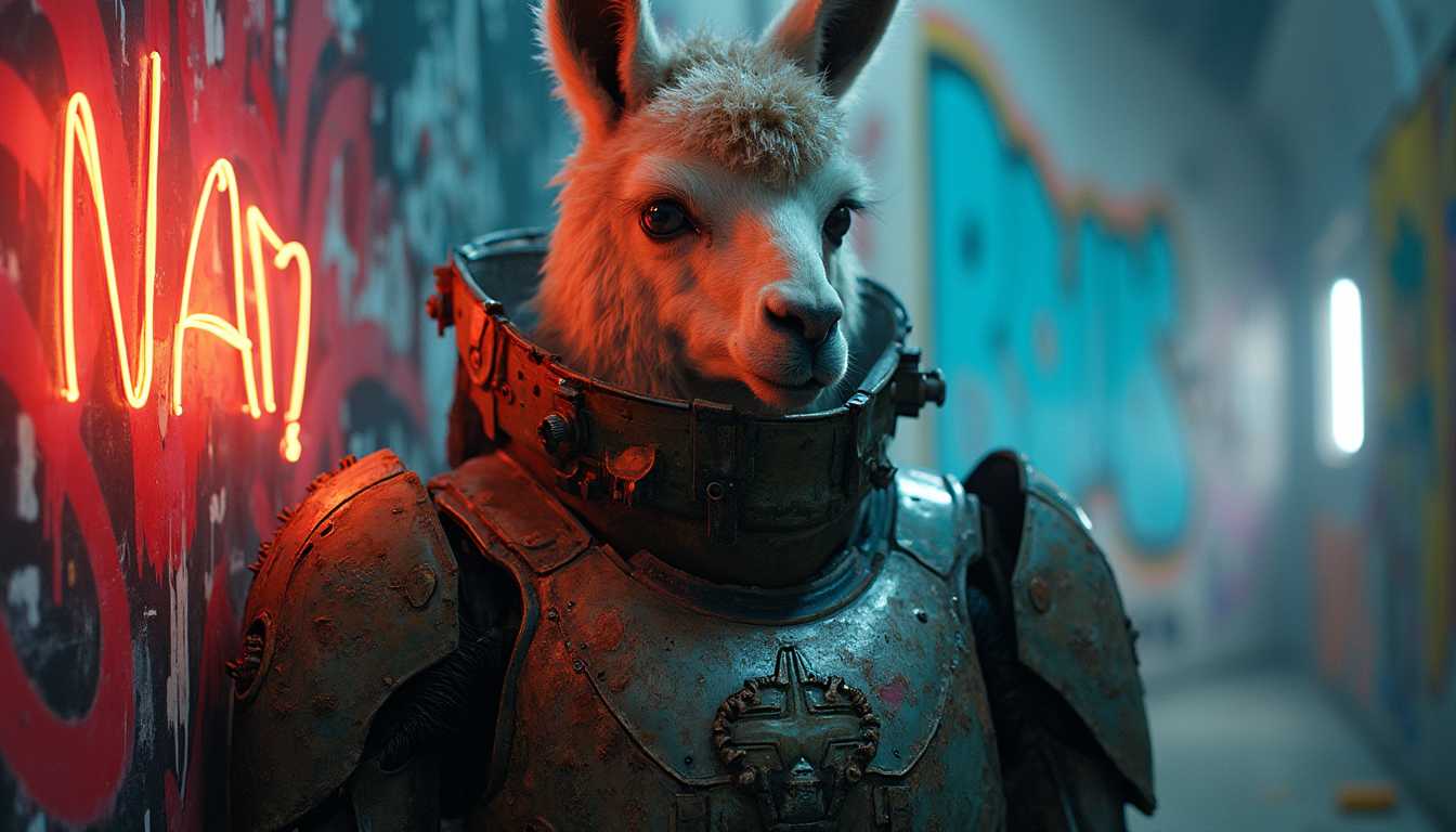 A remarkable piece of ethereal art showcasing a meticulously crafted ether creation, designed as a graffitipunk humanoid llama soldier. Wearing worn military armor adorned with faded unit insignia, the llama’s mechanical limbs are barely visible beneath the battle-worn plating. Their gaze is stern, reflecting the glow of graffiti-covered walls behind them, which swirl with vibrant colors. Chiaroscuro techniques enhance the deep shadows on their armor, while neon light glints off their fur. The contrast between the worn armor and the vibrant street art captures the tension of a soldier lost in a rebellious, futuristic world. Every detail, from the intricate insignia to the sharp angles of the armor, immerses the viewer in this war-torn, dystopian landscape.