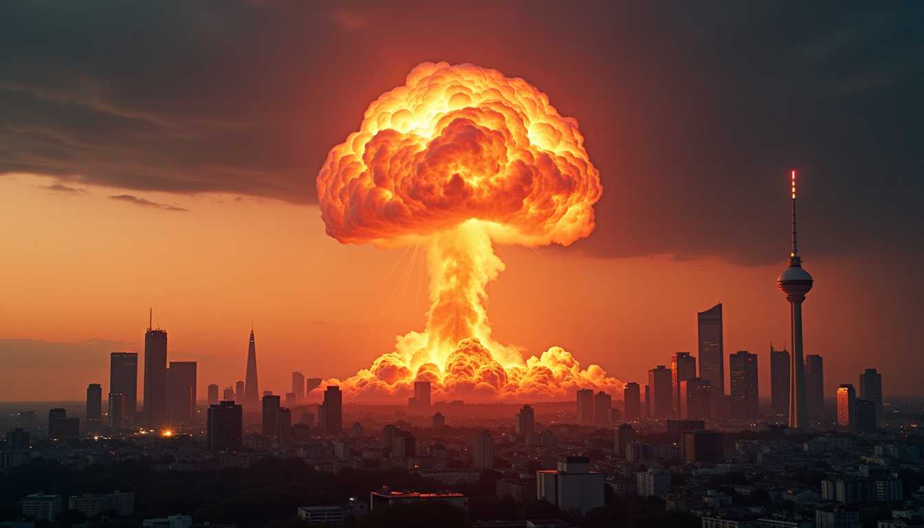 create an image of germany skyline,  Commerzbank Tower, Messeturm. Background a massive nuclear bomb explosion plume if fire in the sky, mushroom cloud